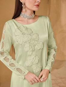 SHEIN Najma 优雅花卉装饰拼接薄纱袖女士长袖奢华连衣裙 - 薄荷綠 - 查看 7