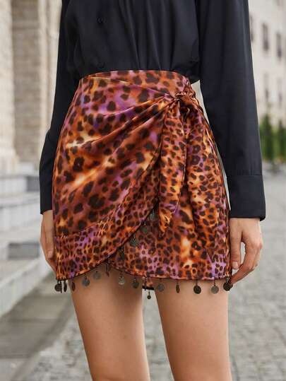 Aveloria Rosie Leopard Print Pom Pom Trim Wrap Knot Side Skirt 