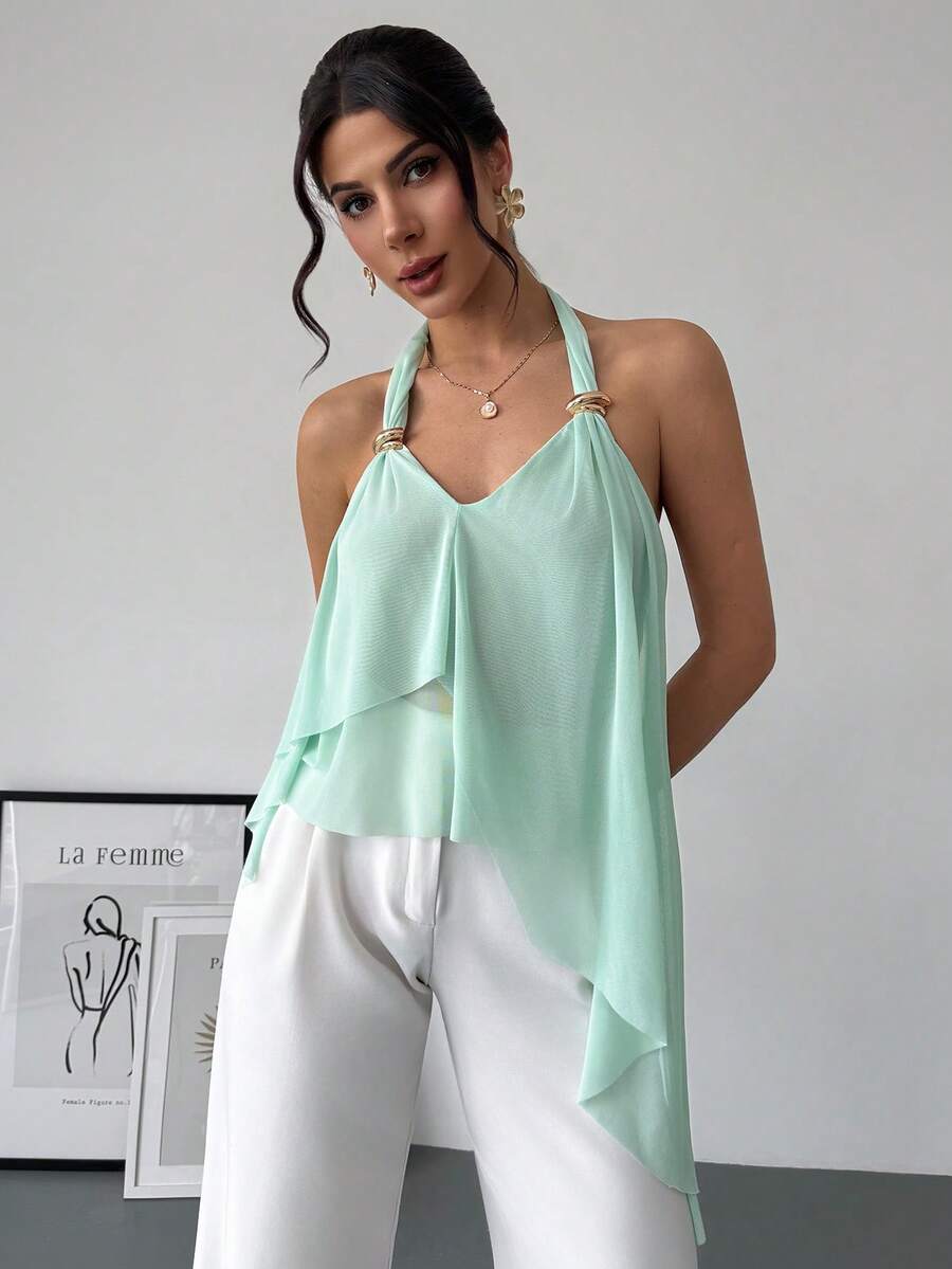 RiviMae Sexy Women's Semi-Sheer Spandex Knit Top, Gold Metal Ring, Asymmetric Ruffle Hem, Fashionable Sexy Vacation Blouse - Green - View 1