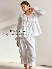 Ocili 女士纯色系带领长袖上衣和裤子休闲家居服套装 - 白色 - 查看 1