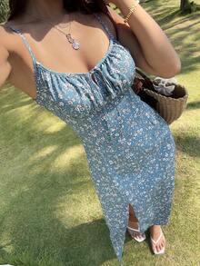 SHEIN VCAY 碎花前打結高衩吊帶連衣裙 - 霧霾藍 - 查看 4