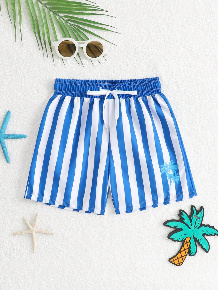 Young Boy Striped Drawstring Casual Beach Shorts, Summer - Royal Blue - View 1