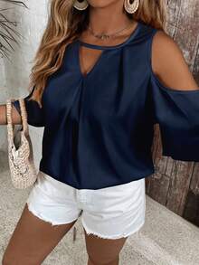 EMERY ROSE Plus Size Women Solid Color Ruched Off-Shoulder Casual Versatile Daily Wear Blouse - Multicolor - View 1