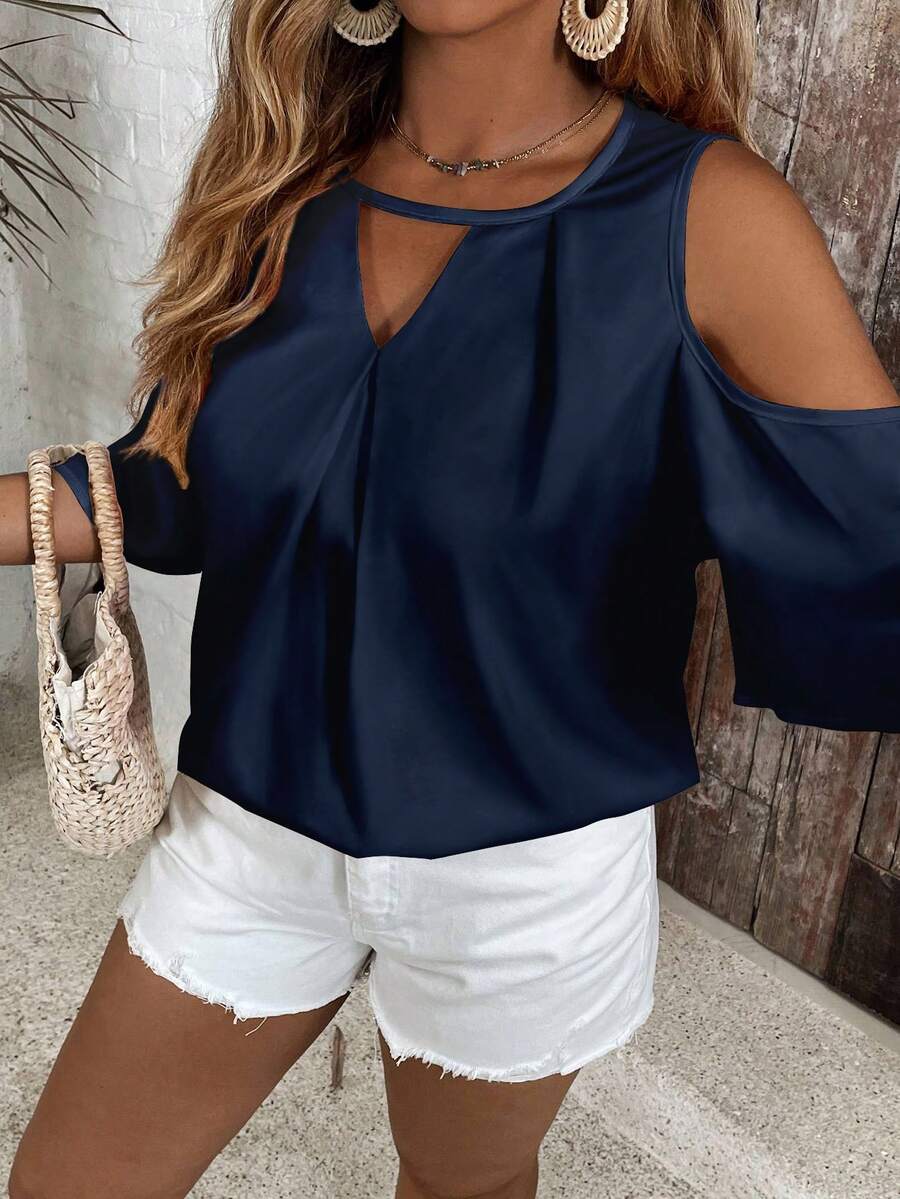 EMERY ROSE Plus Size Women Solid Color Ruched Off-Shoulder Casual Versatile Daily Wear Blouse - Multicolor - View 1