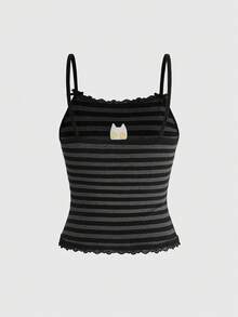 ROMWE Hippie Áo hai dây kẻ sọc thêu hình phù thủy và mèo đen dành cho nữ - màu đen - Xem 2