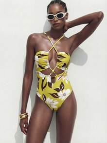 Maija Women's Summer Vacation Beach Floral Print Criss-Cross Halter One-Piece Swimsuit - Multicolor - View 3