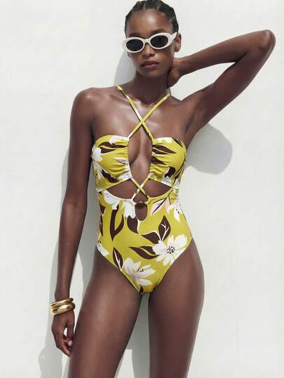 Maija Women's Summer Vacation Beach Floral Print Criss-Cross Halter One-Piece Swimsuit