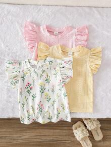 SHEIN Playful Pals 3件組女嬰可愛荷葉袖上衣 白色碎花夏季野餐鏤空提花面料 柔軟圓領休閒T恤 新款上市 - 彩色 - 查看 5