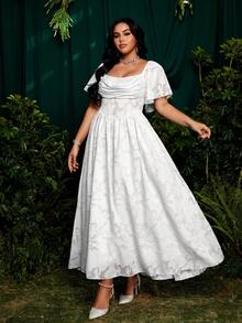 Roveilla 大码方领荷叶袖镂空提花雪纺优雅复古可爱度假派对连衣裙，飘逸裙摆 - 白色 - 查看 4