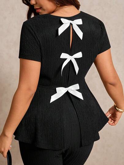 Elaquor Conjunto de 2 piezas talla grande, conjunto de verano, conjunto de tela texturizada negra, camiseta con cuello de muñeca con volantes y mangas, leggings, conjunto deportivo casual, atuendo de aeropuerto, ropa de yoga, diseño con lazo en la espalda, top que afina la cintura, top lindo