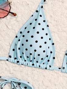 Swim Vcay Bộ đồ bơi 3 mảnh nữ in chấm bi, kiểu dáng tam giác nhỏ, buộc dây bên hông, xếp ly, thích hợp cho tiệc trà chiều mùa hè trên bãi biển. - Màu xanh lam - Xem 6