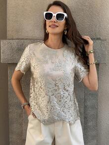 SHEIN Clasi Blusa de encaje de lujo y delicada para mujer, elegante para fiestas, salidas y temporada de bodas, primavera/verano - Gris - Ver 4
