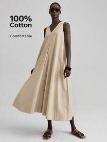 Ontre Trang phục giáo viên nữ, Ngày Quốc khánh, Thời trang sân bay nữ, Phong cách thường ngày thoải mái, Cổ chữ V, Không tay, Váy dài nữ, Váy bất đối xứng trước sau, Váy xòe, Váy xòe rộng, Trang phục xuân hè, Trang phục hàng ngày, Hàng mới về năm 2026, Váy thường ngày thoải mái, Trang phục thường ngày, Dáng rộng - Màu be - Xem 1