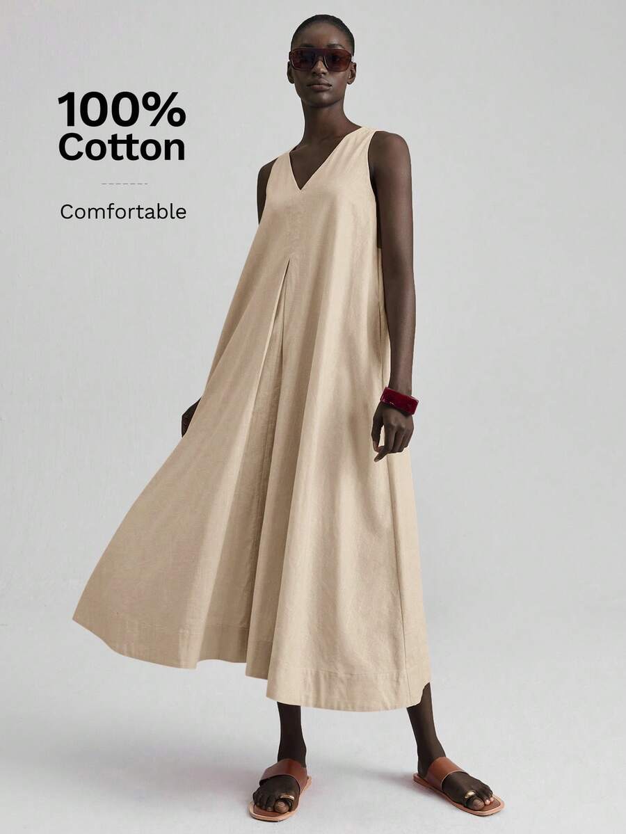 Ontre Trang phục giáo viên nữ, Ngày Quốc khánh, Thời trang sân bay nữ, Phong cách thường ngày thoải mái, Cổ chữ V, Không tay, Váy dài nữ, Váy bất đối xứng trước sau, Váy xòe, Váy xòe rộng, Trang phục xuân hè, Trang phục hàng ngày, Hàng mới về năm 2026, Váy thường ngày thoải mái, Trang phục thường ngày, Dáng rộng - Màu be - Xem 1