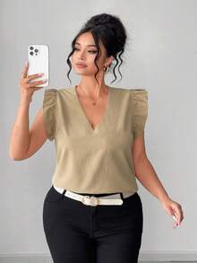 SHEIN Clasi 大码女式纯色简约休闲V领纹理衬衫 - 杏色 - 查看 4