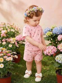 Vintaside Kids 3pcs Girls' Cute Mini Cherry Print Casual Loose Short Sleeve T-Shirt And Shorts Set, Suitable For Summer - Multicolor - View 5