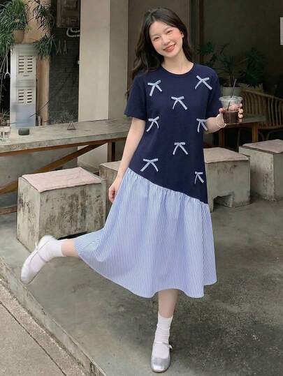 Summer Outfits,Squishy,Teen Girl Striped Print Bow Decor Short Sleeve Casual Everyday Dress, Preppy Dress, Aesthetic Dresses For Summer Girls, Teen Modest Dresses