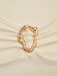 Franclia Apricot Knitted Fabric Square Neck Ruched Short Sleeve Casual T-Shirt For Women - Apricot - View 8