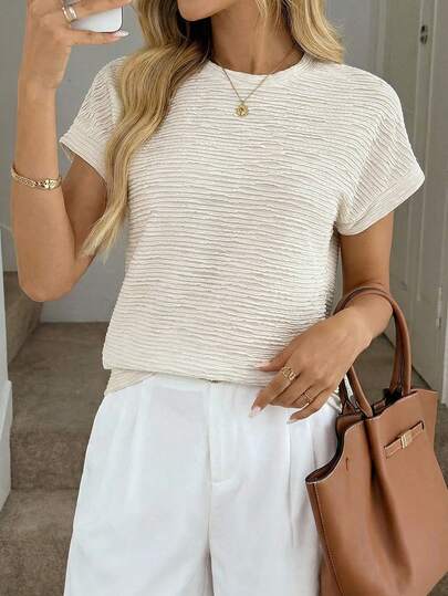 Easowa 女士休闲落肩T恤，提花纹理面料，优雅适合度假和户外活动穿着