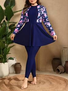 Swim Mulvari 大码女式两件套泳衣，印花拼接藏蓝色长袖长裤，沙滩度假布基尼 - 彩色 - 查看 4