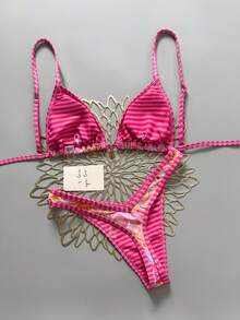 Swim Mod Bộ 2 món, áo bikini tam giác buộc cổ in họa tiết hoa ngẫu nhiên với họa tiết đĩa vàng và quần lọt khe cạp cao, đồ bơi gợi cảm cho nữ, bikini có gọng mùa xuân/hè, bộ bikini nữ, đồ bơi nữ, áo tắm nữ 2 mảnh, bikini sọc hồng - Nhiều màu - Xem 2