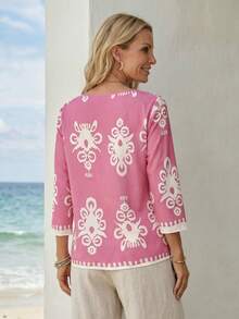 EMERY ROSE Blusa informal holgada de mujer con cuello redondo y mangas 3/4 con estampado floral de vacaciones - Rosa - Ver 2