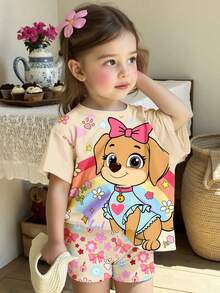 SHEIN 女宝宝休闲简约圆领宽松短袖T恤和紧身骑行短裤套装，适合春夏季 - 彩色 - 查看 1