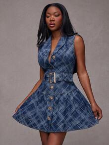 NYA SZN Đầm denim kẻ caro cài cúc dáng ngắn - Rửa tối - Xem 3