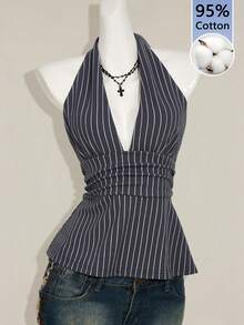 SHEIN ICON 95%纯棉女士露背吊带深V领褶皱A字型吊带背心，Y2K风格，度假装扮，沙滩装扮，锐舞装扮，夏威夷装扮，海岛度假装扮，春夏装扮，性感可爱椰子女孩，波西米亚风，音乐节，海岛女孩复古风，海滨度假，浪漫，度假氛围 - 彩色 - 查看 4