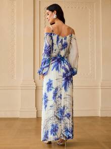 ZEYLAH WOMEN'S FLORAL PRINT COLD SHOULDER LANTERN SLEEVE PLEATED DRESS - Blue and White - View 3