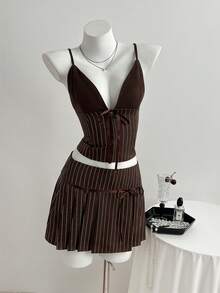 Flirla Women's Summer Two-Piece Set: Color-Block Crop Top With Stripe Tie Detail & Matching Strappy Pleated Skirt, Casual Style. - Brown - View 3