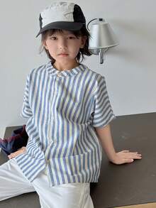 DAZY Áo sơ mi ngắn tay kẻ sọc dáng suông cho bé trai, thích hợp mặc mùa xuân hè. - Màu xanh lam - Xem 6