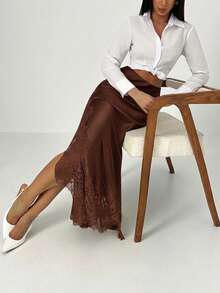 Aloruh 女士纯色极简蕾丝半身裙 - 咖啡棕 - 查看 9