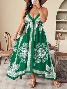 Weeklong Plus Size Summer Vacation Printed Asymmetric Hem Cami Dress - Green - View 7