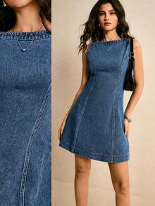 Poéselle 女士休闲牛仔无袖船领连衣裙 - 中等水洗藍 - 查看 1
