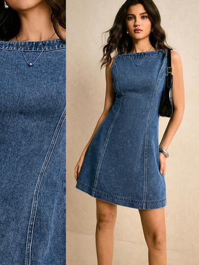 Poéselle 女士休闲牛仔无袖船领连衣裙