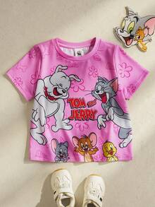 TOM & JERRY X SHEIN Áo thun ngắn tay cổ tròn họa tiết hoạt hình dành cho bé gái, kiểu dáng thường ngày, thích hợp mặc mùa hè. - Hồng - Xem 1