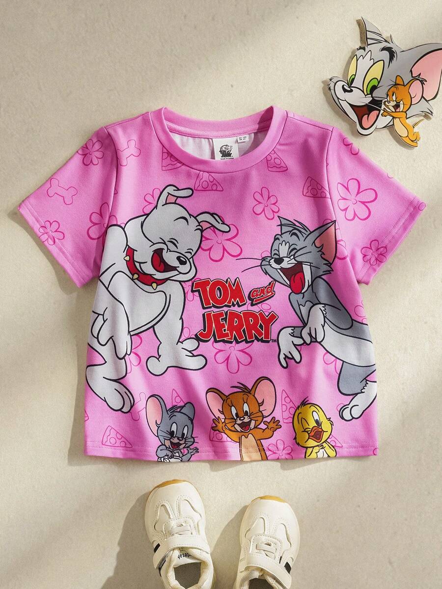 TOM & JERRY X SHEIN Áo thun ngắn tay cổ tròn họa tiết hoạt hình dành cho bé gái, kiểu dáng thường ngày, thích hợp mặc mùa hè. - Hồng - Xem 1