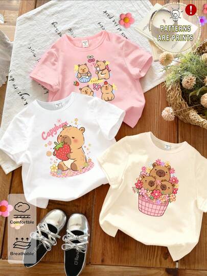 3件套女童休闲时尚创意可爱卡通印花短袖T恤，图案包括花卉、蝴蝶、草莓、樱桃、星星、爱心，白色、粉色、米色，舒适日常穿着，适合春、夏、秋季穿着。