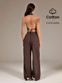 SHEIN Tall 咖啡棕色条纹OL V领露背无袖上衣+阔腿裤，显瘦修长套装，棕色条纹两件套，条纹阔腿裤，无袖吊带上衣，吊带上衣和裤子套装，女士阔腿裤套装 - 咖啡棕 - 查看 2