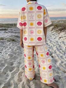 Women's Casual Short Sleeve Loose Summer Fashion Vacation Set - Pink - View 2