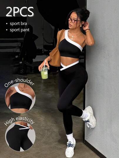 SHEIN Dewbera 2pcs Women's Sportwear Set, Contrast Color Halter Crop Top With Removable Pads And Contrast Waistband Tight 3/4 Leggings, Fashionable Versatile For Daily, Running, Yoga, Gym, Tennis, Golf, Cycling