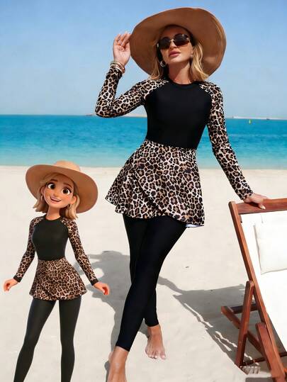 Swim Mulvari Conjunto de dos piezas de burkini de manga larga con estampado de leopardo para mujer, pantalones de unicolor, traje de baño casual para vacaciones en Oriente Medio