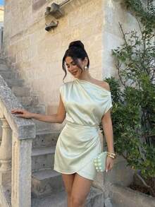 Firerie 女士休闲优雅缎面吊带裙/金属光泽连衣裙/薄荷绿连衣裙/情人节迷你裙/浪漫约会之夜/生日礼服/派对礼服/花园度假 - 薄荷綠 - 查看 5