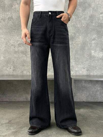 SWAVVY 男士时尚水洗口袋阔腿牛仔裤