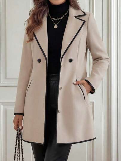 EMERY ROSE Women's Lapel Collar Long Sleeve Double-Breasted Casual Jacket Women Coat Long Coat Women Long Jacket Women Blazer Coat With Black Trim Autumn Clothes Fall Outfits For Women Winter Omen's Winter Coat Women's Winter Jacket Going Out Outfits Chic Blouses For Women Going Out Tops For Women Winter Clothes For Women Fall Clothes For Women