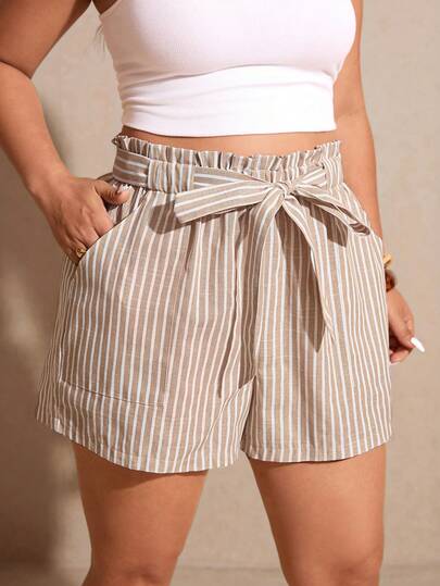 Elaquor Pantalones cortos casuales de talla grande para mujer con bolsillo y lazo en la cintura, a rayas
