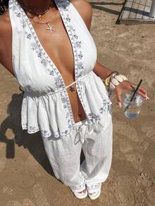 Muchica 2PCS Women's Summer White And Blue Printed Sleeveless Top With Star Embellishment On The Front; Backless Halter Casual Set With Ruffles; Women's Holiday Wear; Women's Summer Beach Wear; Women's Country Resort Wear. - White - View 5