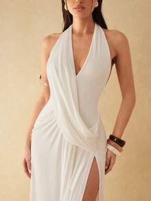 Silquee 性感优雅V领高开衩露背长裙，无袖连衣裙，优雅服饰，伴娘礼服，婚礼，海滩度假，约会/外出/夜店派对，优雅派对约会，鸡尾酒会，派对/约会/宴会服装，情人节及夜间外出，姐妹聚会礼服，浪漫约会服装，高端派对礼服，正式派对服装，毕业典礼，舞台表演礼服，盛大晚宴，俱乐部，夜总会 - 白色 - 查看 8