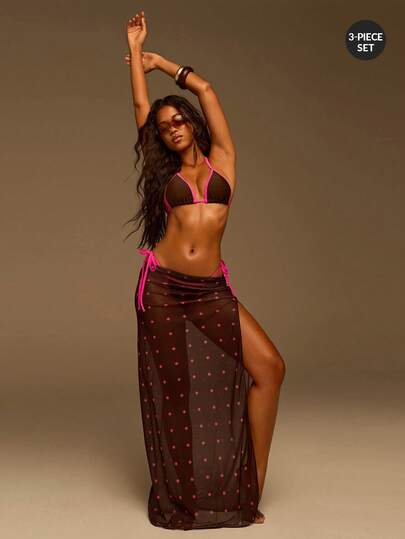 Athîral Ensemble de 3 pièces pour femmes, tenue de plage décontractée pour les vacances, Top de bikini à pois bicolore et jupe longue